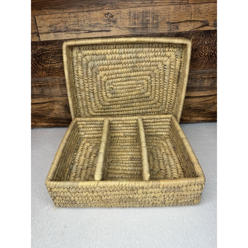 Handwoven Wicker‎ Lidded Basket Organizer Box 3 Compartments Boho Storage 9x12